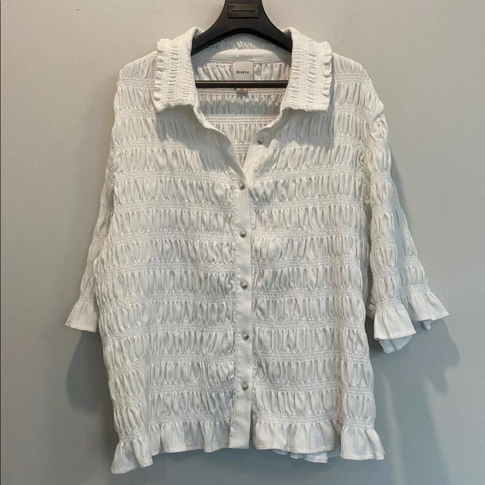 MAEVE Anthropologie Smocked Button Front Top Ivory Natural Cottagecore Chic 2X - Picture 10 of 16
